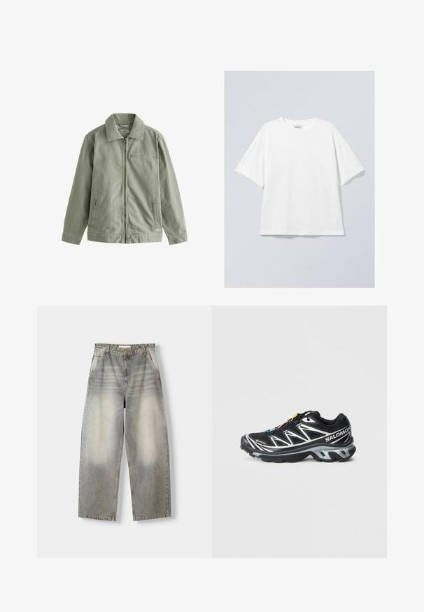 Vaaleanvihreä takki, joka on valmistettu kestävästä puuvillamateriaalista. Takissa on vetoketju etuosassa, terävä kaulus, sivutaskut ja pieni rintatasku.; Valkoinen puuvillapaita, jossa on pyöreä kaula-aukko ja lyhyet hihat. Rentomallinen, ilman näkyviä kuvioita tai yksityiskohtia. Sileä tekstiili.; Erittäin leveät farkut vaalean harmaan pesun värissä. Ominaisuuksina haalistunut viimeistely, viisi taskua ja nappikuvitus. Materiaali on pehmeää farkkukuosia.; Musta juoksukenkä, jossa on hopeisia yksityiskohtia, GORE-TEX-materiaalia, teksturoitu pohja ja värikkäät nauhat. Sisältää pehmustetun kantapään tukemiseen.