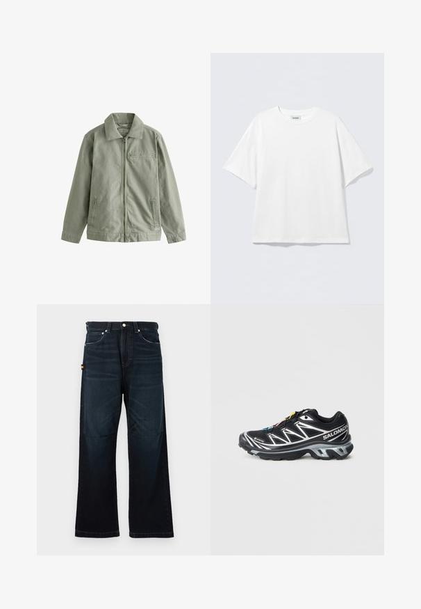 Svijetlo zelena jakna od čvrstog pamučnog materijala, s prednjim zatvaračem, šiljastim ovratnikom, bočnim džepovima i malim džepom na prsima.; Bijela majica kratkih rukava od pamuka s okruglim dekolteom i opuštenim krojem. Bez vidljivih uzoraka ili naglaska. Jednostavan dizajn.; Tamno plave traperice ravnog kroja s klasičnim dizajnom s pet džepova, petljama za remen i suptilnim izblijedjelim detaljima sprijeda i na koljenima.; Crne trkačke tenisice sa srebrnim akcentima, GORE-TEX materijalom, teksturiranom potplatom i šarenim vezicama. Imaju jastučić na peti za podršku.