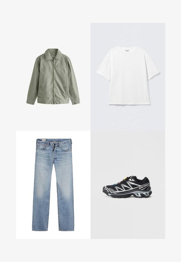 Hele rohelise säBriga jakk, mis on valmistatud tugevast puuvillamaterjalist, varustatud tõmblukuga esiosal, terava krae, küljetaskute ja väikese rinna taskuga.; Valge lühikeste varrukatega puuvillane T-särk, millel on ümar kaelus ja lõdvestunud lõige. Ei ole nähtavaid mustreid ega aktsente. Lihtne disain.; Heledad sinised teksad sirge lõikega, nupu sulgemisega, viie tasku disainiga ja kulunud tekstuuriga reite piirkonnas.; Mustad mustus jooksujalanõud hõbedaste aktsentidega, GORE-TEX materjal, tekstureeritud tald ja värvilised paelad. Omab pehmet kontsa toetuseks.