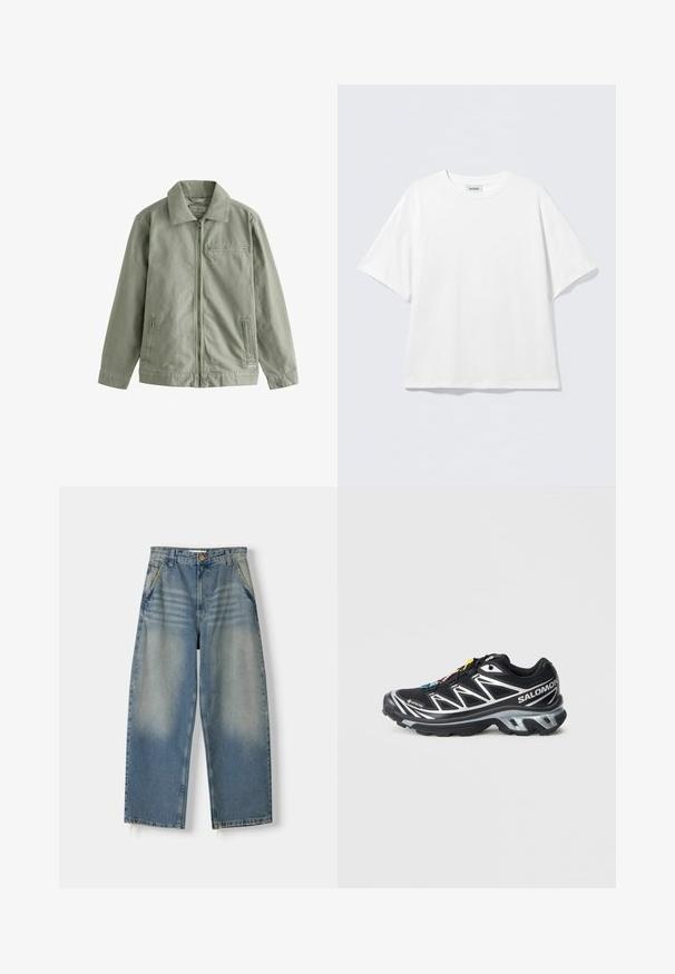 Světle zelená bunda vyrobená z odolného bavlněného materiálu, se zapínáním na zip, špičatým límcem, bočními kapsami a malou náprsní kapsou.; Bílé tričko s krátkým rukávem vyrobené z bavlny s kulatým výstřihem a volným střihem. Bez viditelných vzorů nebo zdobení. Jednoduchý design.; Svetle modré denimové kalhoty s širokými nohavicemi a vybledlým povrchem, designem pěti kapes a nezpracovaným lemem. Obsahují přední zapínání na knoflík a zip.; Černá běžecká bota se stříbrnými akcenty, materiál GORE-TEX, strukturovaná podrážka a barevné šňůrky. Má polstrovanou patu pro podporu.