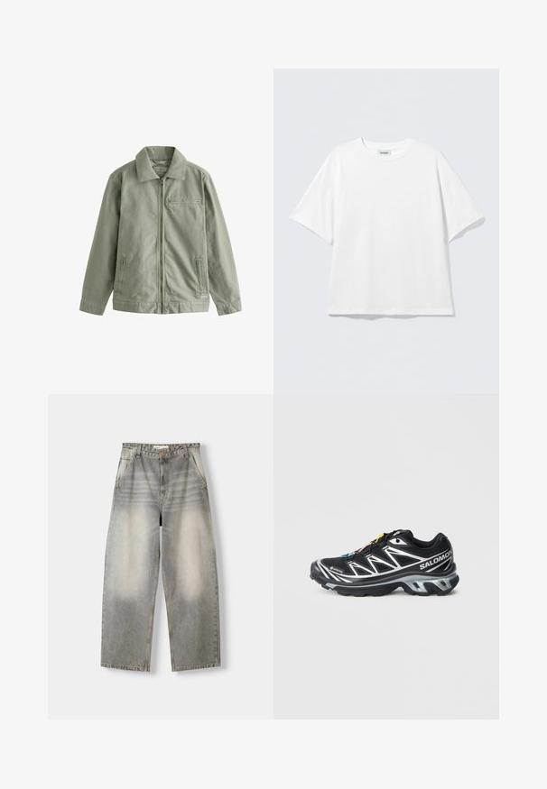 Světle zelená bunda vyrobená z odolného bavlněného materiálu, se zapínáním na zip, špičatým límcem, bočními kapsami a malou náprsní kapsou.; Bílé tričko s krátkým rukávem vyrobené z bavlny s kulatým výstřihem a volným střihem. Bez viditelných vzorů nebo zdobení. Jednoduchý design.; Jeany s širokými nohavicemi v světlém šedém odstínu. Mají opraný vzhled, pět kapes a zapínání na knoflík. Materiál je měkký denim.; Černá běžecká bota se stříbrnými akcenty, materiál GORE-TEX, strukturovaná podrážka a barevné šňůrky. Má polstrovanou patu pro podporu.