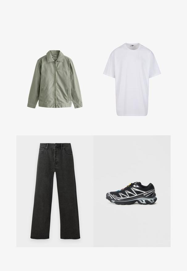 Lichtgroene jas van stevig katoenmateriaal, met een rits aan de voorkant, een puntige kraag, zijzakken en een klein borstzakje.; Witte katoenen t-shirt met korte mouwen, ronde hals, relaxte pasvorm en zonder zichtbare logo's of patronen. Gladde textuur en minimalistisch ontwerp.; Zwarte hoge taille spijkerbroek met rechte pijpen, voorzien van een knoop- en ritssluiting, en vijf zakken op een witte achtergrond.; Zwart hardloopschoen met zilveren accenten, GORE-TEX materiaal, gestructureerde zool en kleurrijke veters. Voorzien van een gevoerde hak voor ondersteuning.