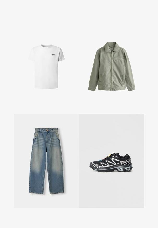 Svijetlo zelena jakna od čvrstog pamučnog materijala, s prednjim zatvaračem, šiljastim ovratnikom, bočnim džepovima i malim džepom na prsima.; Bijela pamučna majica s okruglim izrezom, kratkim rukavima i malim crnim logom na lijevoj strani prsa. Glatka tekstura, standardni kroj.; Svijetloplave široke traperice s izblijedjelim završetkom, dizajnom s pet džepova i nerazrezanim rubom. Imaju prednje kopčanje na dugme i zatvarač.; Crne trkačke tenisice sa srebrnim akcentima, GORE-TEX materijalom, teksturiranom potplatom i šarenim vezicama. Imaju jastučić na peti za podršku.