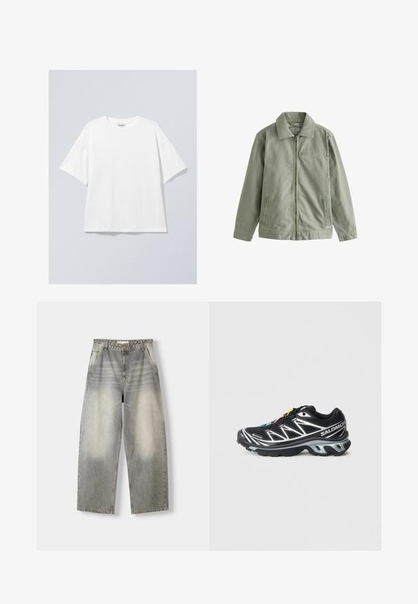 Jachetă verde deschisă, confecționată dintr-un material de bumbac rezistent, cu fermoar frontal, guler ascuțit, buzunare laterale și un mic buzunar pe piept.; Tricou alb din bumbac cu decolteu rotund și mâneci scurte. Croială lejeră, fără modele sau accente vizibile. Textură netedă.; Jeans lejere cu picior larg, de culoare gri deschis. Prezintă un finisaj decolorat, cinci buzunare și închidere cu buton. Materialul este denim moale.; Pantofii de alergare negri cu accente argintii, din material GORE-TEX, talpă texturată și șireturi colorate. Au un călcâi amortizat pentru suport.