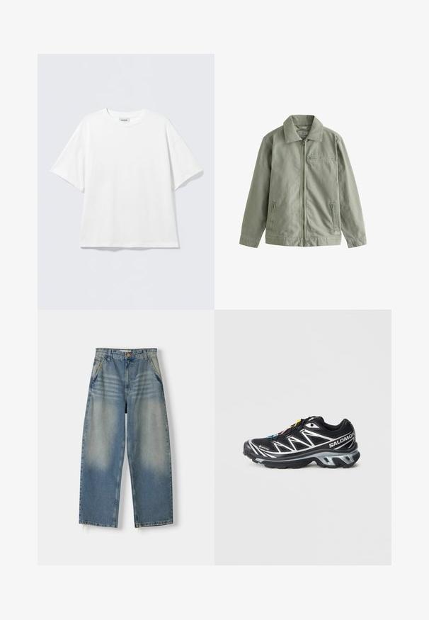 Svijetlo zelena jakna od čvrstog pamučnog materijala, s prednjim zatvaračem, šiljastim ovratnikom, bočnim džepovima i malim džepom na prsima.; Bijela majica kratkih rukava od pamuka s okruglim dekolteom i opuštenim krojem. Bez vidljivih uzoraka ili naglaska. Jednostavan dizajn.; Svijetloplave široke traperice s izblijedjelim završetkom, dizajnom s pet džepova i nerazrezanim rubom. Imaju prednje kopčanje na dugme i zatvarač.; Crne trkačke tenisice sa srebrnim akcentima, GORE-TEX materijalom, teksturiranom potplatom i šarenim vezicama. Imaju jastučić na peti za podršku.