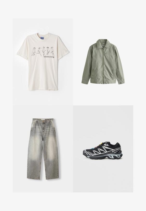 Veste vert clair en coton robuste, dotée d'une fermeture éclair à l'avant, d'un col pointu, de poches latérales et d'une petite poche sur la poitrine.; T-shirt en coton couleur crème à manches courtes, avec un design abstrait noir et le texte "KIDSUPER STUDIOS" au centre.; Jeans ample en délavé gris clair. Présentent une finition usée, cinq poches et une fermeture à bouton. Le matériau est un denim doux.; Chaussure de course noire avec accents argentés, en matériau GORE-TEX, semelle texturée et lacets colorés. Dispose d'un talon rembourré pour le soutien.