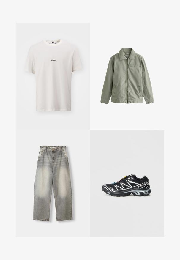 Lys grøn jakke lavet af robust bomulds materiale, med lynlås foran, spidse kraver, sidelommer og en lille brystlomme.; Hvid bomulds T-shirt med rund hals. Har et lille sort "MSGM" logo centreret på brystet. Korteærmer, afslappet pasform.; Bredde ben jeans i en lysegrå vask. Har en falmet finish, fem lommer og en knaplukning. Materialet er blødt denim.; Sort løbesko med sølv detaljer, GORE-TEX materiale, tekstureret sål og farverige snørebånd. Har en polstret hæl for støtte.