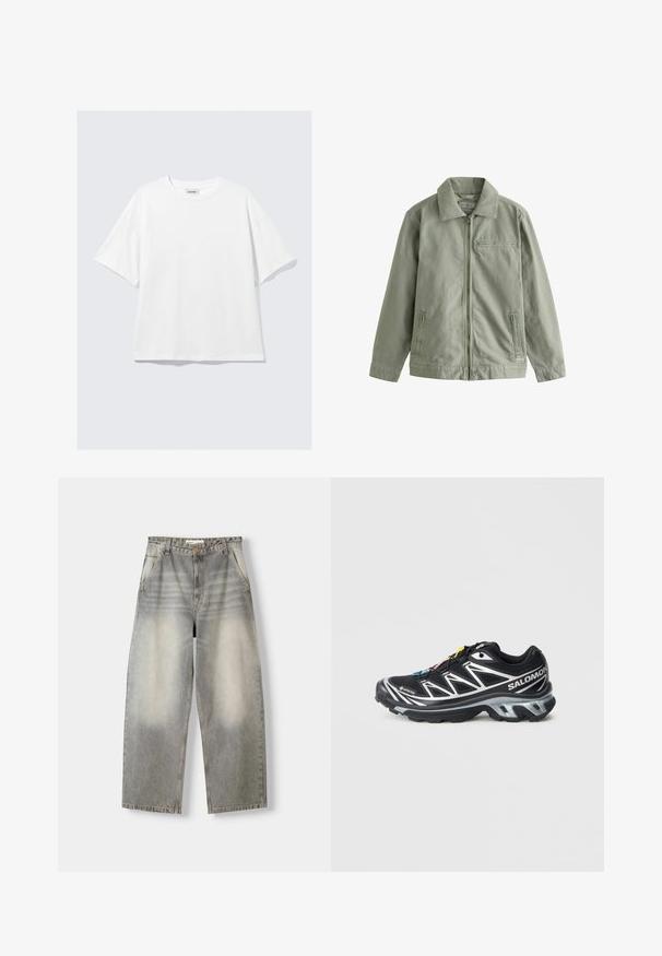 Lichtgroene jas van stevig katoenmateriaal, met een rits aan de voorkant, een puntige kraag, zijzakken en een klein borstzakje.; Witte T-shirt met korte mouwen, losse pasvorm, ronde hals, zachte stof en minimale stikdetails. Geen zichtbare logo's of patronen.; Brede jeans in een lichtgrijze wassing. Bevat een vervaagde afwerking, vijf zakken en een knoopsluiting. Materiaal is zachte denim.; Zwart hardloopschoen met zilveren accenten, GORE-TEX materiaal, gestructureerde zool en kleurrijke veters. Voorzien van een gevoerde hak voor ondersteuning.