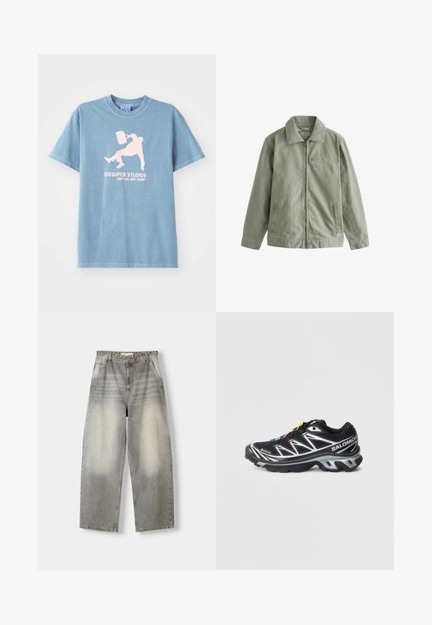 Hellgrüne Jacke aus strapazierfähigem Baumwollmaterial, mit einem Reißverschluss vorne, spitzem Kragen, Seitentaschen und einer kleinen Brusttasche.; Helles blaues Baumwoll-T-Shirt mit rundem Halsausschnitt, kurzen Ärmeln und einem pinkfarbenen Druckmotiv, das eine Person zeigt, die einen Eimer hält.; Weite Jeans in einem hellgrauen Waschton. Merkmale sind ein verblasstes Finish, fünf Taschen und ein Knopfverschluss. Das Material besteht aus weichem Denim.; Schwarzer Laufschuh mit silbernen Akzenten, GORE-TEX-Material, strukturiertem Sohlenprofil und bunten Schnürsenkeln. Verfügt über eine gepolsterte Ferse für zusätzlichen Halt.