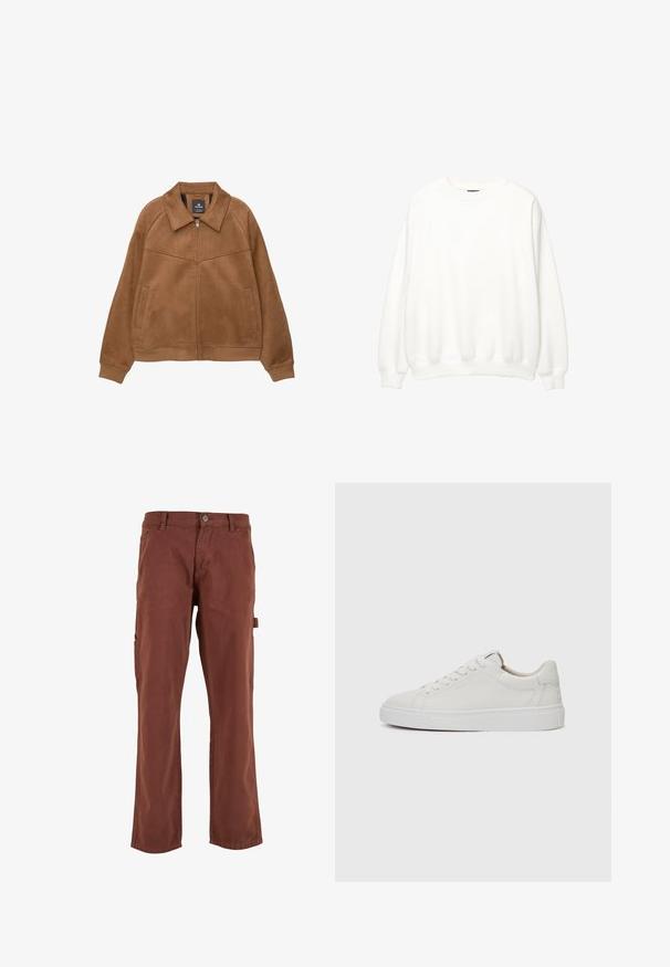 Smeđi faux suede jakna s patentnim zatvaračem i širokim ovratnikom, dva prednja džepa i rebrastim manžetama. Ima glatku, mat teksturu i čiste linije.; Bijela majica s dugim rukavima, okrugli izrez, opušteni kroj. Mekani materijal s rebrastim manžetama i donjim rubom. Minimalistički dizajn, bez vidljivih logotipa ili uzoraka.; Smeđe cargo hlače s ravnim krojem, izrađene od čvrstog materijala. Imaju bočne džepove i dugme za zatvaranje u struku.; Bijele kožne niske tenisice s okruglim vrhom, ravnim bijelim gumenim potplatom i minimalističkim detaljima šavova. Pertle osigurane kroz šest rupica.