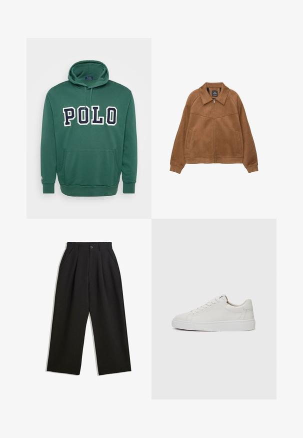 Brun fuskmockajacka med dragkedja och bred krage, två framfickor och ribbade ärmslut. Har en slät, matt yta och rena linjer.; Grön hoodie i bomullsblandning som har en framficka, ribbade ärmslut och nederkant, med "POLO"-logotyp i vitt och marinblått.; Svarta byxor med avslappnad passform, utrustade med veck fram, sidofickor och knappstängning. Tillverkade av strukturerad tyg.; Vita läder sneakers med låg profil, rund tå, platt vit gummisula och minimalistiska sömmar. Skosnören säkrade genom sex hål.