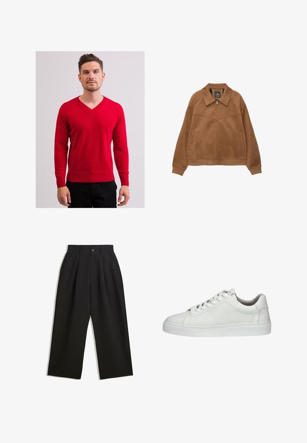 Bruine faux-suède jack met rits en een brede kraag, twee voorzakken en geribbelde manchetten. Heeft een gladde, matte textuur en strakke lijnen.; Rode v-halstrui met lange mouwen, gemaakt van zacht stof. Kenmerken zijn ribgebreide boorden en zoom, gedragen over zwarte broeken. Eenvoudig, aansluitend ontwerp.; Zwarte broeken met een relaxte pasvorm, voorzien van plooien aan de voorzijde, zijzakken en een knoopsluiting. Gemaakt van textiel met structuur.; Witte leren sneaker met ronde neus, vetersluiting, gepolsterde kraag, geprofileerde rubberen zool en reliëf logo detail aan de zijkant.