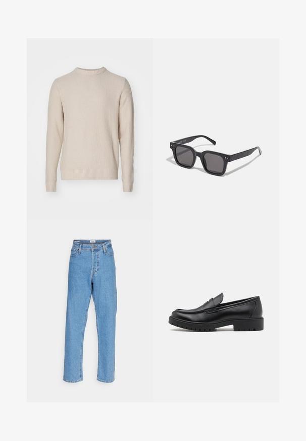 Braune Kunstsuede-Jacke mit Reißverschluss, weitem Kragen, zwei vorderen Taschen und gerippten Bündchen. Sie zeichnet sich durch eine glatte, matte Textur und klare Linien aus.; Strickpullover in Hellbeige mit strukturiertem Muster, rundem Ausschnitt, gerippten Bündchen und Saum, aus einem weichen, warmen Material gefertigt.; Helle blaue, hoch-taillierte, gerade Jeans mit vorderem Knopf, Reißverschluss, Gürtelschlaufen und Fünf-Taschen-Design auf weißem Hintergrund.; Schwarze Lederloafers mit runder Zehenform, eleganter Schlupfdesign und dicker Gummisohle mit strukturiertem Griff. Erhöhter Absatz und dezente Nähdetails.; Schwarze rechteckige Sonnenbrillen mit dunklen Gläsern, die einen dicken Rahmen, subtile Akzente an den Seiten und keine sichtbaren Logos außer dem Markennamen aufweisen.