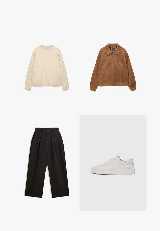 Hnedá umelá zamková bunda na zips s širokým golierom, dvoma prednými vreckami a rebrovanými manžetami. Má hladkú, matnú textúru a čisté línie.; Krémová oversized mikina s okrúhlym výstrihom a rebrovanými manžetami. Vyrobená z jemnej látky s hladkou textúrou a minimalistickým dizajnom.; Čierne nohavice s voľným strihom, s prekrytím vpredu, bočnými vreckami a zapínaním na gombík. Vyrobené z textúrovanej látky.; Biele kožené tenisky nízkoprofilového strihu s okrúhlou špičkou, plochou bielou gumovou podrážkou a minimalistickými detailmi šitia. Šnúrky zaistené cez šesť očiek.