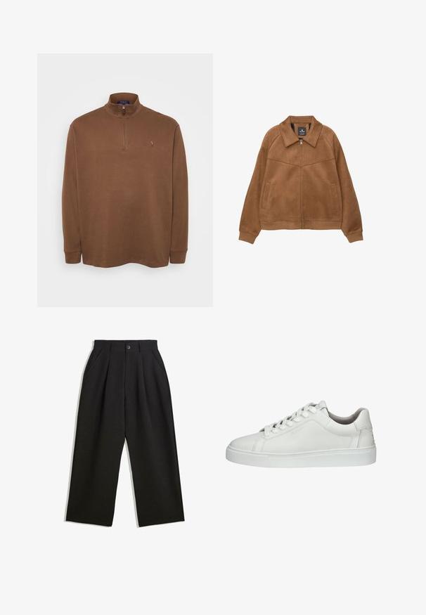 Brązowa kurtka z sztucznego zamszu zapinana na zamek błyskawiczny z szerokim kołnierzem, dwoma przednimi kieszeniami i ściągaczami przy mankietach. Cechuje się gładką, matową fakturą i prostymi liniami.; Brązowy polo z długim rękawem i wysokim kołnierzem, z ćwierć zamkiem. Miękka tekstura z małym akcentem logo na piersi.; Czarne spodnie o luźnym kroju, z zakładkami z przodu, kieszeniami po bokach i zapięciem na guzik. Wykonane z fakturowanej tkaniny.; Białe skórzane sneakersy z okrągłym noskiem, sznurowanym zapięciem, wyściełanym kołnierzem, teksturowaną gumową podeszwą oraz wytłoczonym logo z boku.