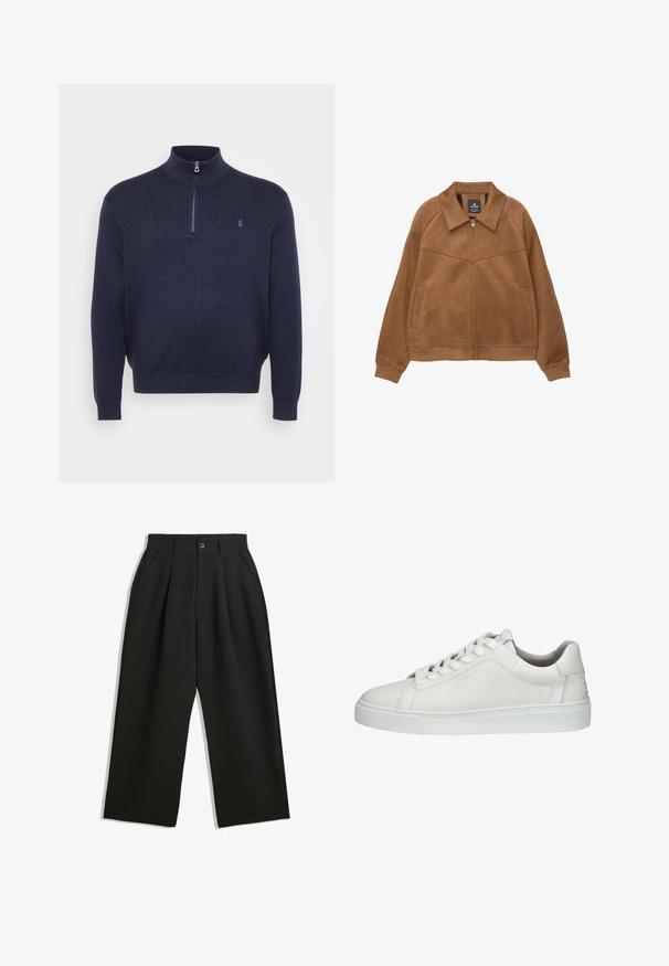 Brown faux suede zip-up jacket with a wide collar, two front pockets, and ribbed cuffs. Features a smooth, matte texture and clean lines.; Navy ribbed knit sweater with a high collar and a half zip, featuring a small embroidered logo on the left chest. Soft texture.; Black trousers with a relaxed fit, featuring pleats at the front, side pockets, and a button closure. Made from textured fabric.; White leather sneaker with round toe, lace-up design, padded collar, textured rubber sole, and embossed logo detail on the side.