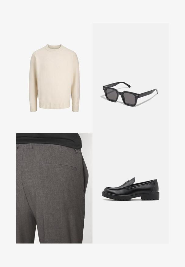 Veste zippée en faux daim marron avec un large col, deux poches avant et des poignets côtelés. Présente une texture lisse et mate ainsi que des lignes épurées.; Pull en mélange de coton crème avec un col rond à côtes, des épaules tombantes et des poignets et un ourlet côtelés. Texture douce avec une coupe décontractée.; Pantalons tailleur gris avec une texture douce, dotés d'une poche arrière unique et d'une coupe slim. Le tissu présente un motif subtil.; Mocassins en cuir noir avec un bout arrondi, un design à enfiler et une semelle en caoutchouc épaisse avec une texture antidérapante. Talon surélevé et détails de surpiqûre subtils.; Lunettes de soleil noires rectangulaires avec des verres foncés, arborant une monture épaisse, des accents subtils sur les côtés et aucun logo visible en dehors du nom de la marque.; Carhartt WIP GRAPHIC TOTE UNISEX - Cabas - salt