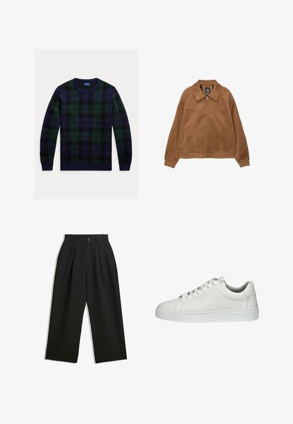 Brązowa kurtka z sztucznego zamszu zapinana na zamek błyskawiczny z szerokim kołnierzem, dwoma przednimi kieszeniami i ściągaczami przy mankietach. Cechuje się gładką, matową fakturą i prostymi liniami.; Sweter z długim rękawem i okrągłym dekoltem w zielono-granatowo-czarną kratę, z prążkowanymi mankietami i brzegiem, oraz małym haftowanym logo na piersi.; Czarne spodnie o luźnym kroju, z zakładkami z przodu, kieszeniami po bokach i zapięciem na guzik. Wykonane z fakturowanej tkaniny.; Białe skórzane sneakersy z okrągłym noskiem, sznurowanym zapięciem, wyściełanym kołnierzem, teksturowaną gumową podeszwą oraz wytłoczonym logo z boku.