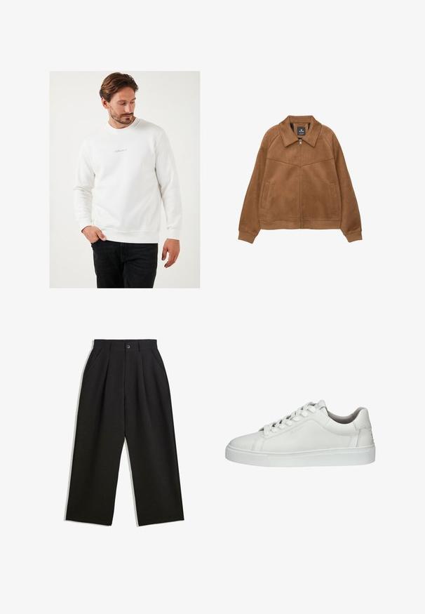 Brown faux suede zip-up jacket with a wide collar, two front pockets, and ribbed cuffs. Features a smooth, matte texture and clean lines.; White sweatshirt made of cotton-blend fabric, featuring a crew neck, long sleeves, and a small gray logo accent on the chest.; Black trousers with a relaxed fit, featuring pleats at the front, side pockets, and a button closure. Made from textured fabric.; White leather sneaker with round toe, lace-up design, padded collar, textured rubber sole, and embossed logo detail on the side.