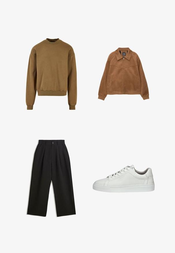 Hnědá bunda z umělé sukně na zip s širokým límcem, dvěma předními kapsami a žebrovanými manžetami. Vyznačuje se hladkým, matným povrchem a čistými liniemi.; Hnědá mikina s kulatým výstřihem, dlouhými rukávy a žebrovanými lemy. Vyrobena z měkké látky s hladkou texturou a volným střihem.; Černé kalhoty s uvolněným střihem, s průhyby v přední části, bočními kapsami a zapínáním na knoflík. Vyrobené z texturované látky.; Bílé kožené tenisky s kulatou špičkou, šněrováním, polstrovaným límcem, strukturovanou gumovou podrážkou a vyraženým logem na boku.