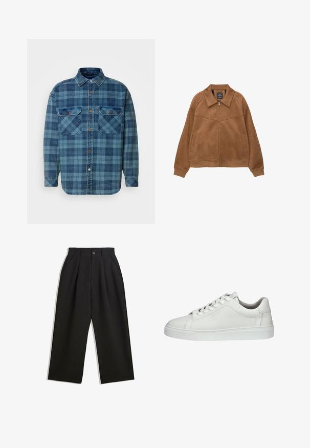 Braune Kunstsuede-Jacke mit Reißverschluss, weitem Kragen, zwei vorderen Taschen und gerippten Bündchen. Sie zeichnet sich durch eine glatte, matte Textur und klare Linien aus.; Blaues Flanellhemd mit kariertem Muster in verschiedenen Blautönen, mit durchgehender Knopfleiste, Kragen und zwei Brusttaschen.; Schwarze Hose mit lockerem Schnitt, mit Falten an der Vorderseite, Seitentaschen und einem Knopfverschluss. Hergestellt aus strukturiertem Stoff.; Weiße Leder-Sneaker mit runder Zehenkappe, Schnürdesign, gepolstertem Kragen, strukturiertem Gummisohle und geprägtem Logo-Detail an der Seite.