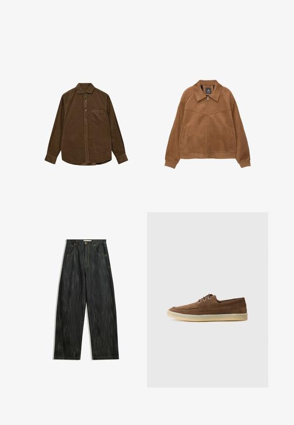Braune Kunstsuede-Jacke mit Reißverschluss, weitem Kragen, zwei vorderen Taschen und gerippten Bündchen. Sie zeichnet sich durch eine glatte, matte Textur und klare Linien aus.; Braunes Cordhemd mit langen Ärmeln, Button-Down-Kragen, Fronttasche und strukturierter gerippter Oberfläche. Verfügt über Knöpfe in Silberoptik.; Dunkelblaue Jeans mit lockerer Passform, mit subtiler vertikaler Struktur, gelben Nähten, fünf Taschen und klassischem Knopfverschluss.; Braune Wildlederschuhe mit niedriger Profilhöhe, Schnürdesign, Gummisohle und kontrastierenden Nähdetails. Schlichtes und funktionales Design.