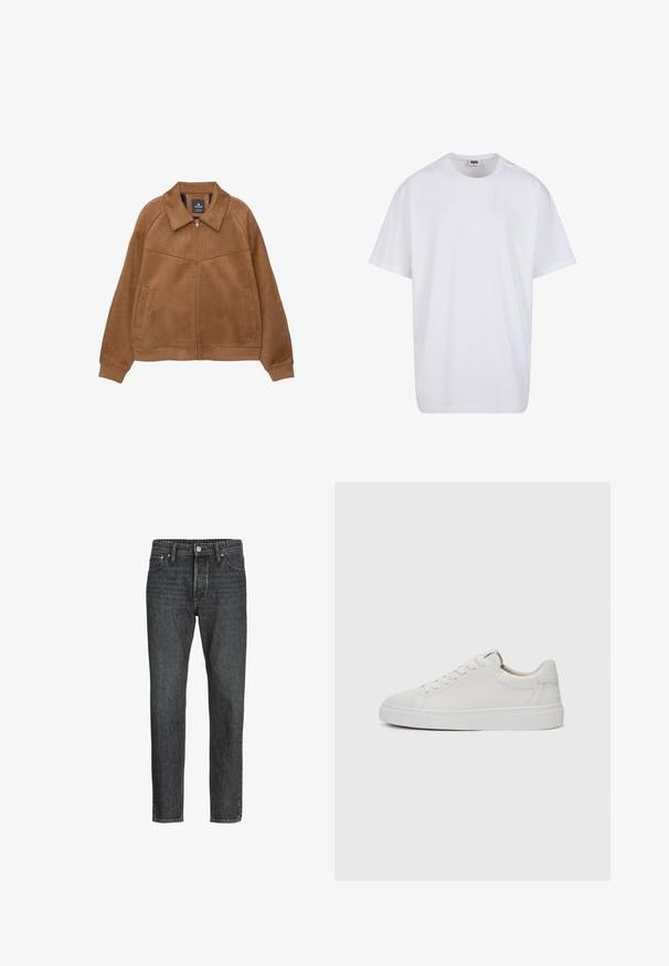 Brązowa kurtka z sztucznego zamszu zapinana na zamek błyskawiczny z szerokim kołnierzem, dwoma przednimi kieszeniami i ściągaczami przy mankietach. Cechuje się gładką, matową fakturą i prostymi liniami.; Biała bawełniana koszulka z krótkimi rękawami, okrągłym dekoltem, luźnym krojem i bez widocznych logo lub wzorów. Gładka tekstura i minimalistyczny design.; Czarne dżinsy z prostym krojem nogawki, wyposażone w pięć kieszeni, z przodem zapinanym na guzik i zamek błyskawiczny oraz subtelnymi detalami w szwie.; Białe skórzane sneakersy niskie z okrągłym noskiem, płaską białą gumową podeszwą i minimalistycznymi detalami w szwie. Sznurówki zabezpieczone przez sześć oczek.