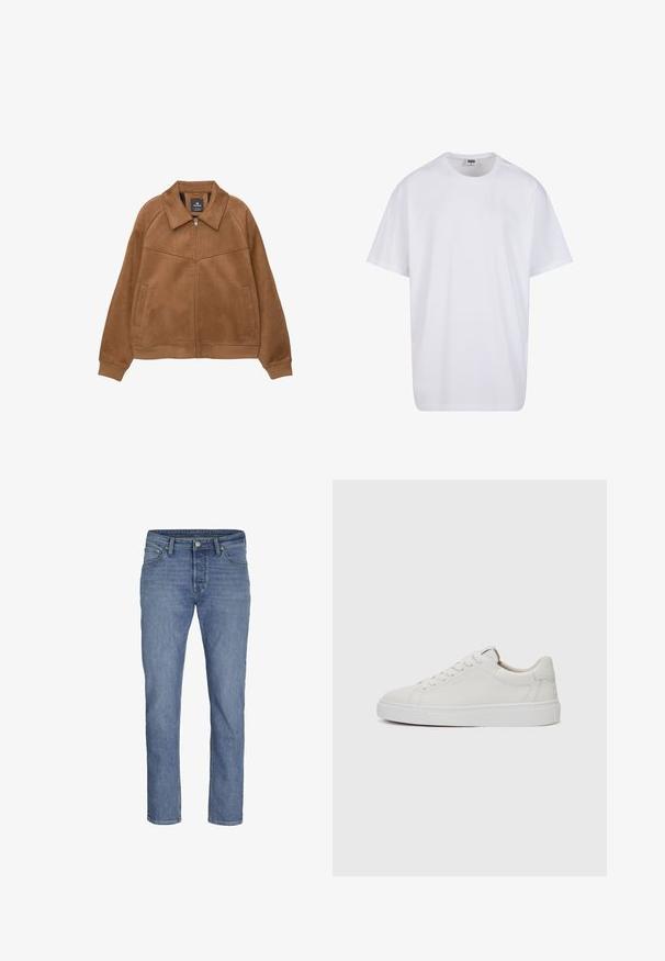 Giacca zip-up in finta suede marrone con ampio colletto, due tasche frontali e polsini a coste. Presenta una texture liscia e opaca con linee pulite.; Maglietta bianca in cotone con maniche corte, scollatura rotonda, vestibilità comoda e senza loghi o motivi visibili. Texture liscia e design minimale.; Jeans in denim azzurro leggero con design a gamba dritta, cinque tasche e chiusura frontale con bottone, dettagli di cucitura in contrasto.; Sneakers bianchi in pelle, modello low-top, con punta rotonda, suola piatta in gomma bianca e dettagli di cucitura minimalista. Lacci fissati attraverso sei occhielli.