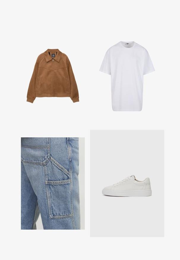 Hnědá bunda z umělé sukně na zip s širokým límcem, dvěma předními kapsami a žebrovanými manžetami. Vyznačuje se hladkým, matným povrchem a čistými liniemi.; Bílé triko z bavlny s krátkým rukávem, kulatým výstřihem, volným střihem a bez viditelných log či vzorů. Hladká textura a minimalistický design.; Světle modré denimové cargo kalhoty mají velkou boční kapsu, jemné švy a uvolněný střih s mírně texturovaným povrchem.; Bílé kožené nízké tenisky s kulatou špičkou, plochou bílou gumovou podrážkou a minimalistickým detailem prošívání. Tkaničky upevněné skrze šest očíček.