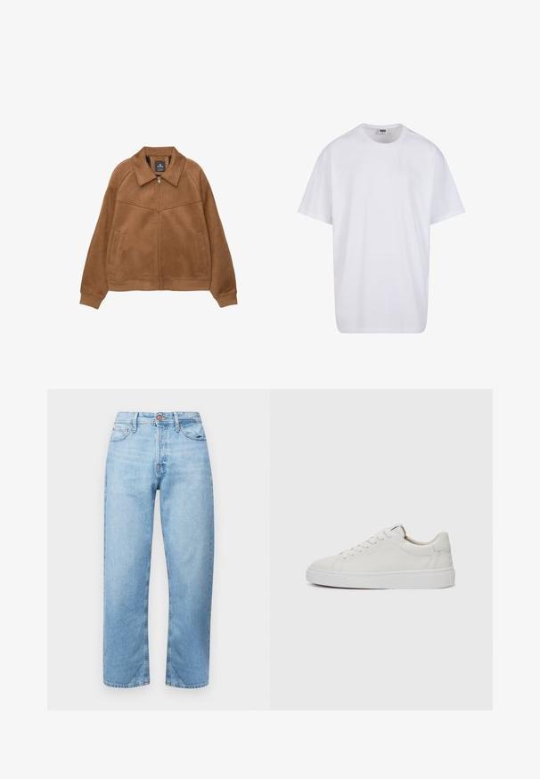 Barna műsuéd dzseki, széles gallérral, két elülső zsebbel és bordás mandzsettákkal. Simább, matt textúrával és letisztult vonalakkal rendelkezik.; Fehér pamut póló rövid ujjal, kerek nyakú, laza szabású, és nincsenek látható logók vagy minták. Simább textúra és minimalista dizájn.; Világoskék farmernadrág, egyenes szabással, ötpocketes kialakítással és gombos záródással. Simaság jellemzi, minimális fakulással és varrott részletekkel.; Fehér bőr, alacsony szárú sportcipő kerek orral, lapos fehér gumitalppal és minimalista varrási részletekkel. A fűzők hat szemre fűzve.