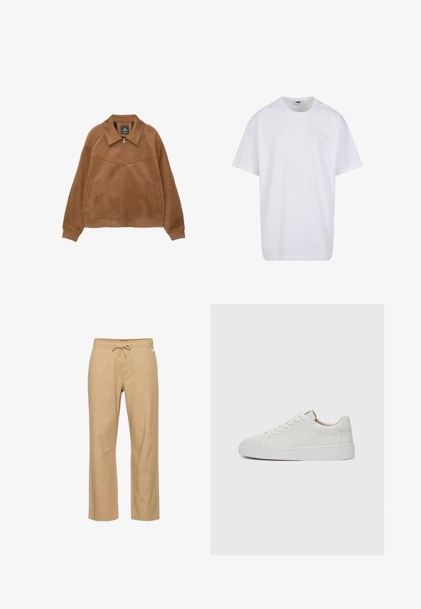 Bruine faux-suède jack met rits en een brede kraag, twee voorzakken en geribbelde manchetten. Heeft een gladde, matte textuur en strakke lijnen.; Witte katoenen t-shirt met korte mouwen, ronde hals, relaxte pasvorm en zonder zichtbare logo's of patronen. Gladde textuur en minimalistisch ontwerp.; Tan, rechte katoenbroek met een elastische tailleband en een trekkoord. Bevat zijzakken en een gladde textuur.; Witte leren lage sneakers met een ronde neus, platte witte rubberen zool en minimalistische stikseldetails. Veters vastgemaakt via zes oogjes.
