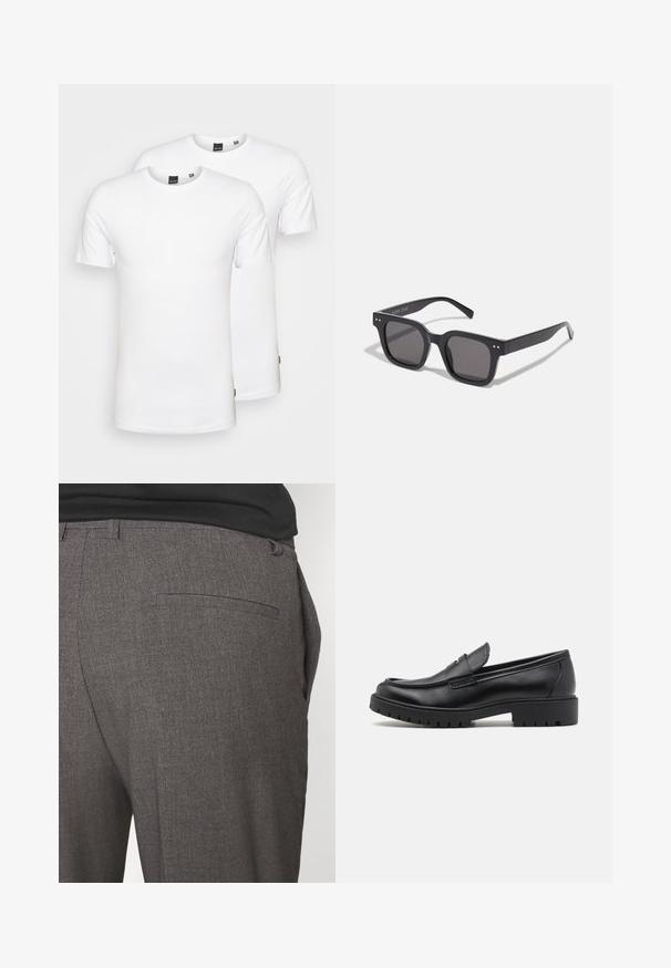 Ruskea keinonahkainen vetoketjullinen takki, jossa on leveä kaulus, kaksi etutaskua ja ribbaatut hihansuut. Takissa on sileä, matta pinta ja selkeät linjat.; Valkoiset puuvillapaidat kahden setissä, joissa on pyöreä kaula-aukko ja lyhyet hihat, sileä pinta ilman näkyviä kuvioita tai graafisia elementtejä.; Harmaat räätälöidyt housut, joissa on sileä pinta, yhden takataskun ja slim fit -muotoilu. Kankaassa on hienovarainen kuvio.; Mustat nahkakengät, joissa on pyöreä varvas, kenkien helposti liukuvat mallit ja paksu kumipohja, jossa on teksturoitu pito. Korotettu kanta ja hillityt ompeluyksityiskohdat.; Mustat suorakulmaiset aurinkolasit tummilla linsseillä, joissa on paksu kehys, hienovaraiset yksityiskohdat sivuilla, eikä näkyviä logoja brändin nimen lisäksi.; Carhartt WIP GRAPHIC TOTE UNISEX - Shopping bag - salt