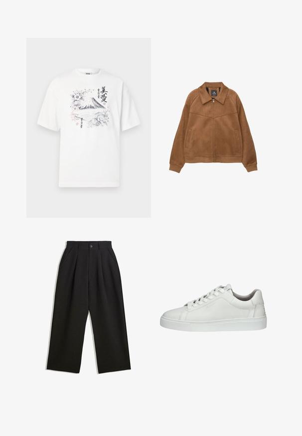 Brązowa kurtka z sztucznego zamszu zapinana na zamek błyskawiczny z szerokim kołnierzem, dwoma przednimi kieszeniami i ściągaczami przy mankietach. Cechuje się gładką, matową fakturą i prostymi liniami.; Biały bawełniany t-shirt z czarno-kolorową grafiką góry Fuji otoczoną kwiatowymi wzorami i japońskim tekstem. Krótkie rękawy, okrągły dekolt.; Czarne spodnie o luźnym kroju, z zakładkami z przodu, kieszeniami po bokach i zapięciem na guzik. Wykonane z fakturowanej tkaniny.; Białe skórzane sneakersy z okrągłym noskiem, sznurowanym zapięciem, wyściełanym kołnierzem, teksturowaną gumową podeszwą oraz wytłoczonym logo z boku.