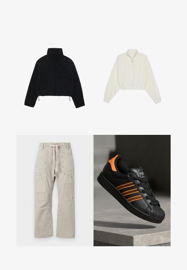 Svart corduroy cropped jakke med høy krage, trykknapper og to sidelommer. Har justerbar snøring i kanten.; Kort genser i kremfarget stoff, med høy krage, halv glidelås, elastisk nederste kant og mansjetter, med en glatt tekstur og minimalistisk design.; Lys grå cargo bukser med løs passform, med snor i livet, flere lommer og en lett slitt tekstur.; Svart sneaker med oransje detaljer, tre horisontale striper, teksturert skinnoverdel, gummitå, og svarte lisser.