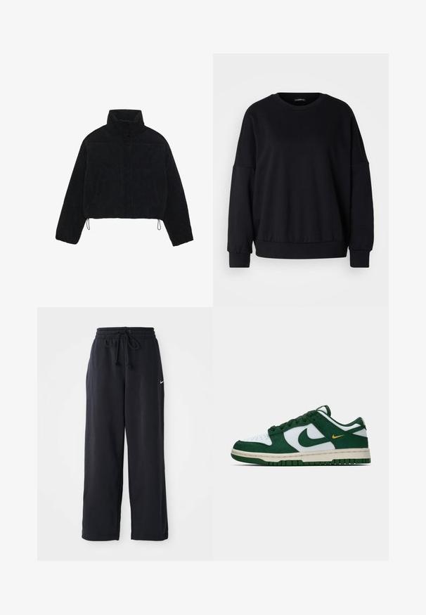 Black corduroy cropped jacket with a high collar, snap fasteners, and two side pockets. Features an adjustable drawstring at the hem.; Black sweatshirt with a crew neck, relaxed fit, dropped shoulders, ribbed cuffs, and a textured fabric. Minimal design with no patterns.; Black sweatpants with an elastic waistband and drawstring, featuring a small white Nike logo on the left side.; Low-top Nike sneaker in white and dark green suede with matching green swoosh and small yellow swoosh accent on side.