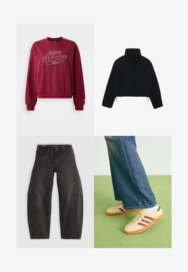 Giacca cropped in velluto a coste nera con colletto alto, bottoni a pressione e due tasche laterali. Presenta un cordino regolabile sull'orlo.; Felpa bordeaux con colletto a giro, caratterizzata da un logo bianco "New Balance" e la scritta "Athletics". Polsini e orlo a costine, materiale morbido.; Jeans in denim nero con una vestibilità rilassata, dotati di cinque tasche, chiusura con bottone e leggere sfumature. Il tessuto ha una consistenza liscia e resistente.; Sneakers beige con pannelli texturizzati crema e strisce marroni, abbinati a jeans in denim blu. I jeans hanno un taglio largo e orlo sfilacciato.