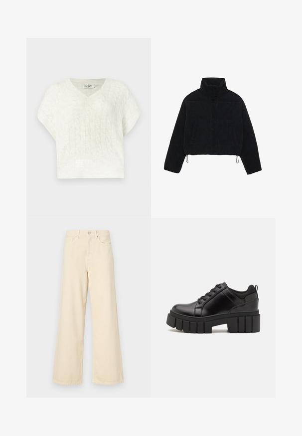 Giacca cropped in velluto a coste nera con colletto alto, bottoni a pressione e due tasche laterali. Presenta un cordino regolabile sull'orlo.; Maglione bianco a punto cavolfiore con scollo a V, maniche corte, orlo a coste e motivo testurizzato. Realizzato in morbido materiale lavorato a maglia.; Jeans beige a gamba larga in cotone. Caratterizzati da chiusura con bottone, passanti per cintura e tasche anteriori con una consistenza liscia e morbida.; Scarpe platform in pelle nera con tacco a blocco robusto, punta rotonda e design tradizionale con lacci. Presentano una superficie liscia e dettagli minimi.