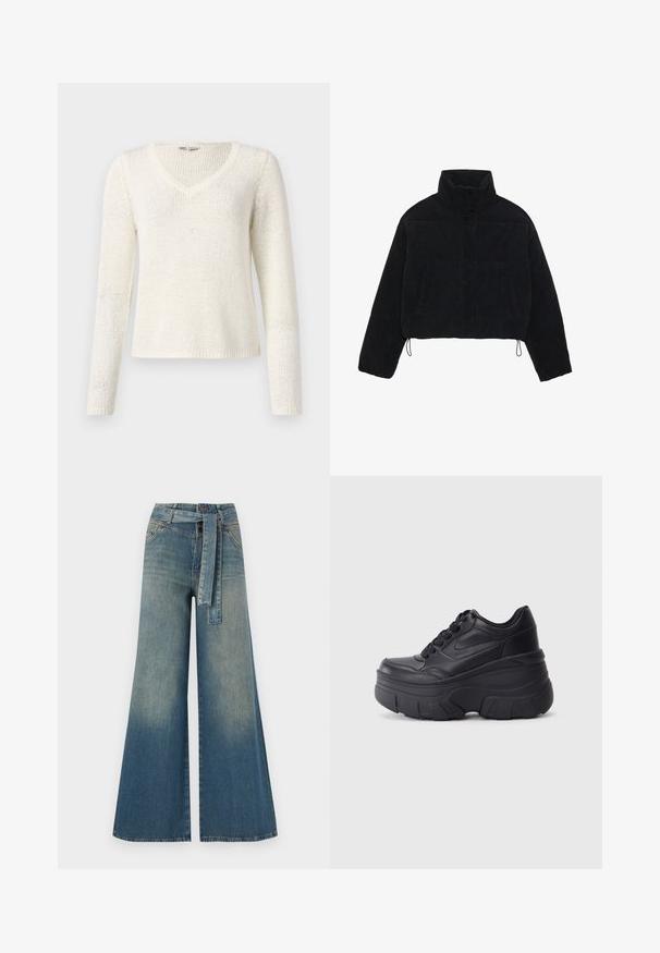 Černá kordurová zkrácená bunda s vysokým límcem, patentky a dvěma bočními kapsami. Obsahuje nastavitelnou šňůrku na lemu.; Svetr s výstřihem do V a dlouhými rukávy v krémové pletenině. Má volný střih, texturovaný vzor a jednoduchý lem. Lehká tkanina.; Džínové kalhoty širokého střihu s přechodem od světlé k tmavě modré, vysokým pasem, poutky na opasek a odpovídajícím opaskem ze stejného materiálu. Texturovaná džínovina.; Černé šněrovací tenisky s robustní podrážkou, s hladkým koženým svrškem, zaoblenou špičkou a výrazným vrstveným designem platformy.