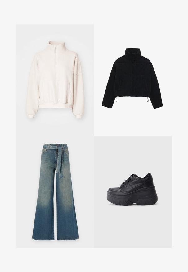 Giacca cropped in velluto a coste nera con colletto alto, bottoni a pressione e due tasche laterali. Presenta un cordino regolabile sull'orlo.; Pullover in pile color beige chiaro con cerniera a quarto di zip, colletto alto e tasca a marsupio. Maniche a costura e orlo elastico aderente. Texture morbida.; Pantaloni in denim a gamba larga con una sfumatura che va dal blu chiaro al blu scuro, vita alta, passanti per cintura e una cintura in tessuto coordinato. Finitura in denim strutturato.; Sneaker nere con lacci e suola spessa, caratterizzate da una tomaia in pelle liscia, punta arrotondata e un distintivo design a piattaforma stratificata.