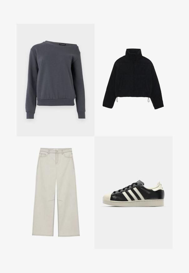 Čierny kordurový krátky kabát s vysokým golierom, cvokmi a dvoma bočnými vreckami. Obsahuje nastaviteľnú šnúrku na spodnom okraji.; Šedá mikina vyrobená z mäkkého materiálu, s okrúhlym výstrihom, dlhými rukávmi a mierne skráteným lemom s rebrovanými manžetami a pásom.; Svetlošedé nohavice s voľným strihom, s piatimi vreckami, so zapínaním na prednom gombíku a kontrastným prešívaním pozdĺž švov. Tkanina vyzerá mäkko a odolne.; Čierne kožené tenisky s bielymi pruhmi, gumenou špičkou, čiernymi šnúrkami a krémovobielou podrážkou. Hladký povrch s lesklým finišom.