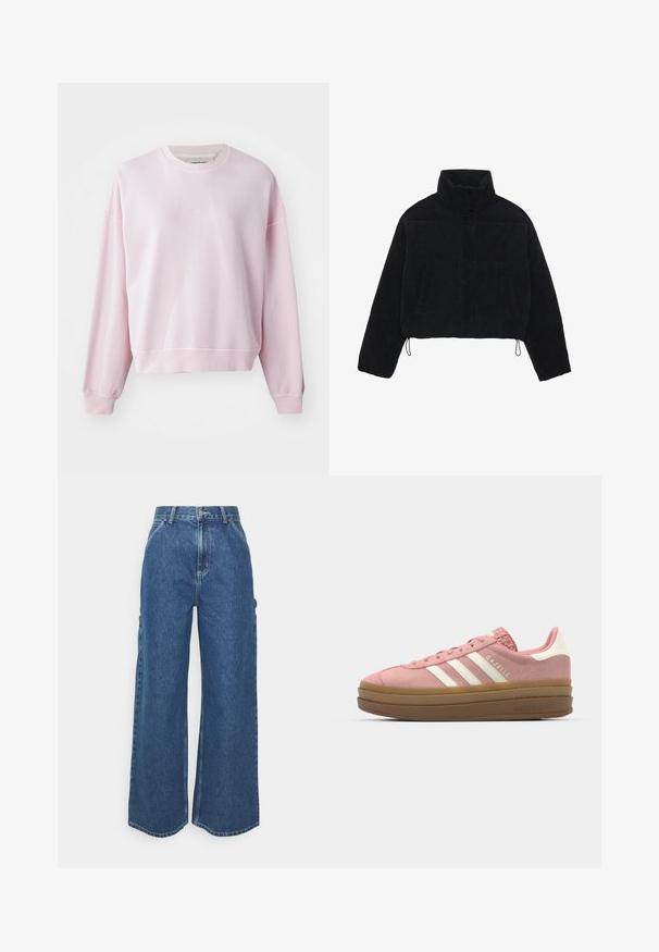 Črna korduroj jakna skrajšane dolžine z visokim ovratnikom, sponkami na sponke in dvema stranskima žepoma. Ima prilagodljivo vrvico na roba.; Svetlo roza pulover z okroglo ovratnikom, spuščeni rameni in rebrastimi manšetami. Mehko bombažno blago, ki na sprednji strani vsebuje subtilno izvezeno logo.; Široke modre denim hlače z visokim pasom, kontrastnim šivom in stranskimi žepi, ki vključujejo klasičen pet-džepni dizajn in robove brez obdelave.; adidas Originals GAZELLE BOLD - Športni copati - mauve/off white