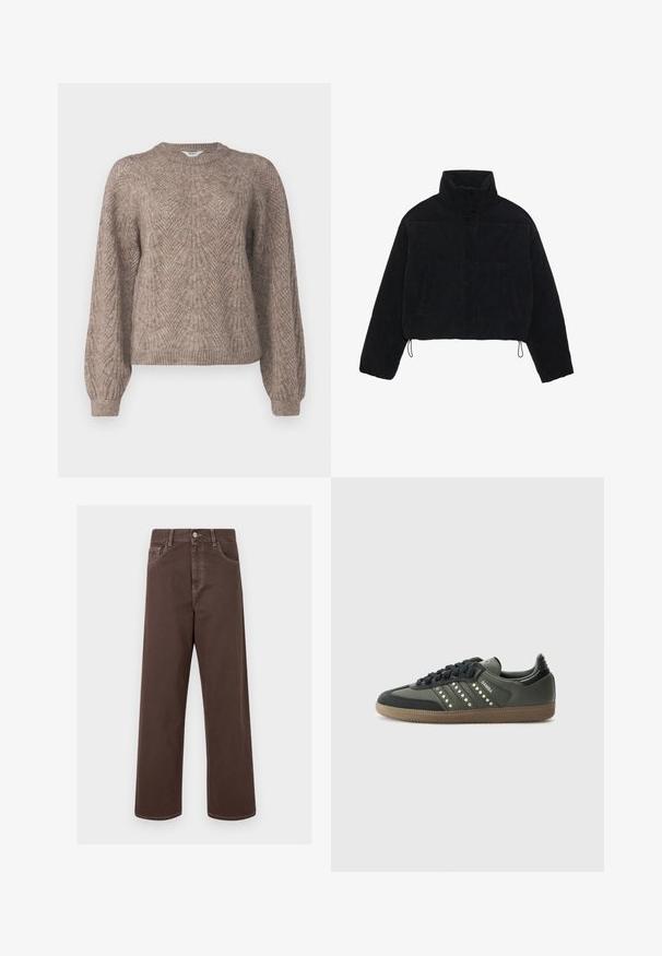 Veste cropped en velours côtelé noir avec un col haut, des boutons-pression et deux poches latérales. Dotée d'un cordon de serrage ajustable à l'ourlet.; Pull léger à manches longues dans une teinte beige-brun. Présente un motif texturé avec un col rond et des bords ribbés.; Pantalons en denim marron à jambes larges avec des coutures contrastées, cinq poches et un bouton métallique. Texture lisse, coupe droite.; adidas Originals SAMBA OG - Baskets basses - core black/legend earth/gum