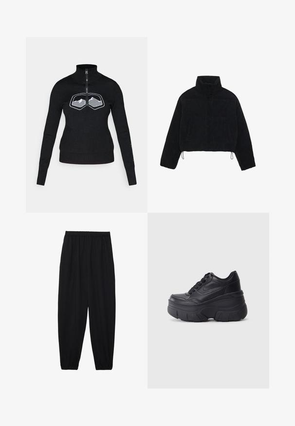 Jachetă scurtă din catifea neagră, cu guler înalt, capse și două buzunare laterale. Are un șnur ajustabil la tiv.; Pulover negru cu fermoar, guler înalt, având un desen alb cu munte pe piept. Confecționat dintr-un material moale și texturat, cu mâneci strânse pe corp.; Pantaloni negri, ușori, cu un brâu elastic și tivuri strânse. Materialul este neted și are un design relaxat, conic.; Adidași negri cu șireturi, cu un toc gros, având partea superioară din piele netedă, vârf rotund și un design distinct de platformă stratificată.