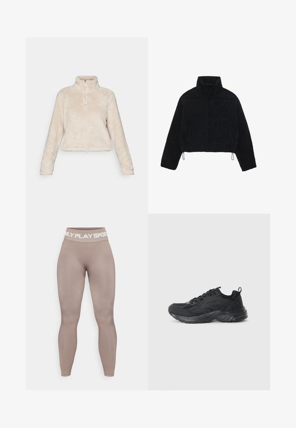 Black corduroy cropped jacket with a high collar, snap fasteners, and two side pockets. Features an adjustable drawstring at the hem.; Fleece quarter-zip pullover in light beige, featuring a high collar, long sleeves, and a drawstring hem. Soft, textured fabric.; High-waisted, tan leggings made of stretch fabric with a smooth texture; features white lettering on the waistband reading "ONLY PLAY SPORT."; Black athletic shoe with mesh upper, textured accents, and cushioned sole. Features laces and a back loop for easy wear.