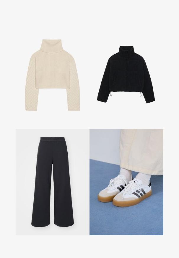 Svart corduroy cropped jakke med høy krage, trykknapper og to sidelommer. Har justerbar snøring i kanten.; Kremfarget cropped genser med høy hals, teksturert strikket kropp og fiskebensmønstrede ermer. Laget av mykt garnmateriale.; Svart bukse med vid benvidde laget av myk stoff, med elastisk midjebånd og en liten logo på venstre side.; Hvite sneakers med svarte striper og beige semsket skinn-detaljer. Har en teksturert gummisåle og flate hvite snører, brukt med lyse sokker.
