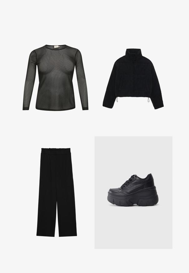 Giacca cropped in velluto a coste nera con colletto alto, bottoni a pressione e due tasche laterali. Presenta un cordino regolabile sull'orlo.; Top lungo nero a maniche lunghe realizzato in tessuto trasparente con un motivo a pois. Presenta un collo rotondo e una silhouette aderente.; Pantaloni neri a gamba larga con cintura arricciata, dotati di due tasche laterali e un tessuto liscio e leggero. Nessun motivo visibile o parti metalliche.; Sneaker nere con lacci e suola spessa, caratterizzate da una tomaia in pelle liscia, punta arrotondata e un distintivo design a piattaforma stratificata.