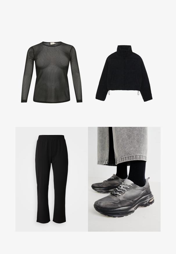 Schwarze Cordjacke mit Cropped-Schnitt, hohem Kragen, Druckknöpfen und zwei Seitentaschen. Verfügt über einen verstellbaren Kordelzug am Saum.; Schwarzes Langarmoberteil aus durchsichtigem Stoff mit einem Punktmuster. Hat einen runden Ausschnitt und eine enganliegende Silhouette.; ONLY Carmakoma CARLAMA STRAIGHT - Stoffhose - black; Schwarze und graue Sportschuhe verfügen über ein Obermaterial aus Mesh, dicke Sohlen und Schnürsenkel. Sie haben eine abgerundete Zehenpartie und sichtbare Dämpfungsdetails.