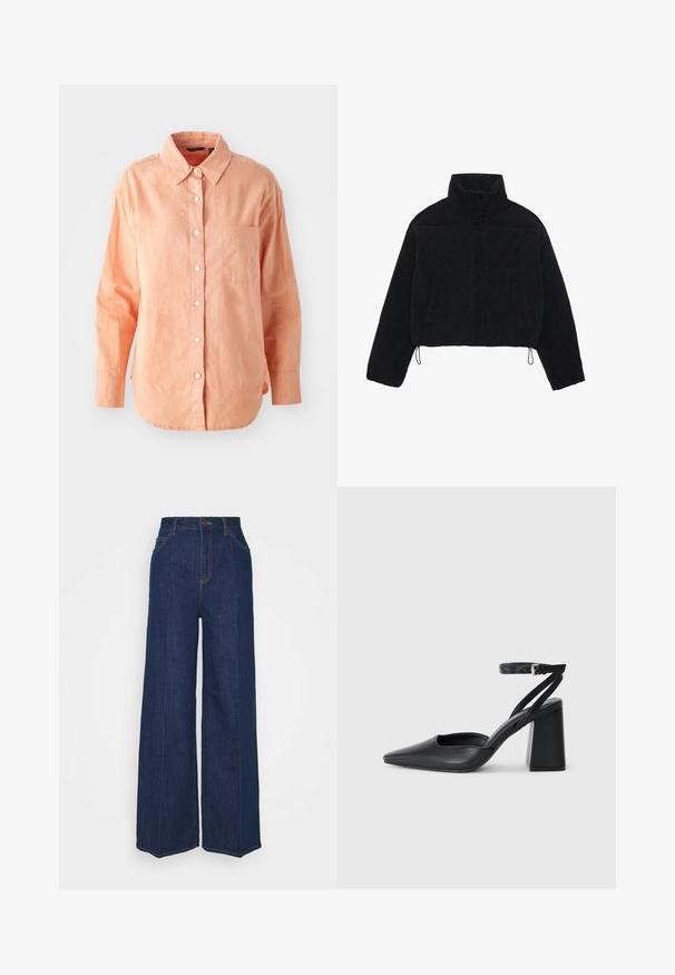 Black corduroy cropped jacket with a high collar, snap fasteners, and two side pockets. Features an adjustable drawstring at the hem.; Long-sleeve, button-up shirt in light peach fabric. Features a classic collar, front pocket, and curved hem, with a textured finish.; High-waist wide-leg dark blue denim jeans with front and back pockets, button closure, and visible stitching details.; Black leather pointy-toe pump with an ankle strap and a chunky heel. Flat texture, sleek design, and minimalistic aesthetics.