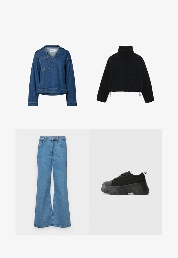 Melna korduroja īsa jaka ar augstu apkakli, spiedpogu aizdari un divām sānu kabatām. Iekļauts regulējams aukla apakšmalā.; Denim bluze ar V-veida kaklu, garām piedurknēm un krūtīm kabatu. Audums ir vidēji zils ar nedaudz teksturētu apdari.; Gaiši zili, platā piegriezuma džinsi, kas izgatavoti no denima, ar augstu jostasvietu, piecām kabatām un vienu pogu. Mīksta tekstūra ar nolietotu apdari.; Melnas kedas ar masīvu gumijas zoli, teksturētu auduma augšdaļu, apaļu purngalu un saistīšanas dizainu. Iekļautas pastiprinātas acs atveres un aizmugurējais cilpiņas siksniņa.