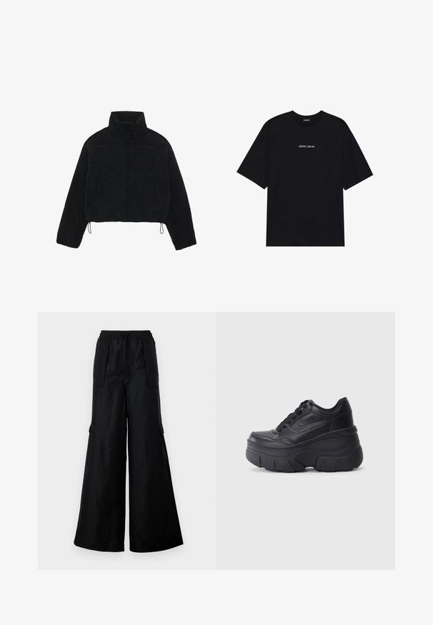 Melna korduroja īsa jaka ar augstu apkakli, spiedpogu aizdari un divām sānu kabatām. Iekļauts regulējams aukla apakšmalā.; Melna kokvilnas T-krekls ar brīvu dizainu. Iezīmē īsas piedurknes un noapaļotu kakla izgriezumu. Uz priekšpuses centrā ir balts uzraksts "Pozitīvs, Sirsnīgs".; Melnas platās kāju kravas bikses, kas izgatavotas no gludas, vieglas auduma. Iespējas ietver elastīgu jostasvītru, auklu un sānu kabatas.; Melni šņorējami sporta apavi ar biezu zoli, ar gludu ādas augšdaļu, noapaļotu purngalu un izteiktu slāņveida platformas dizainu.